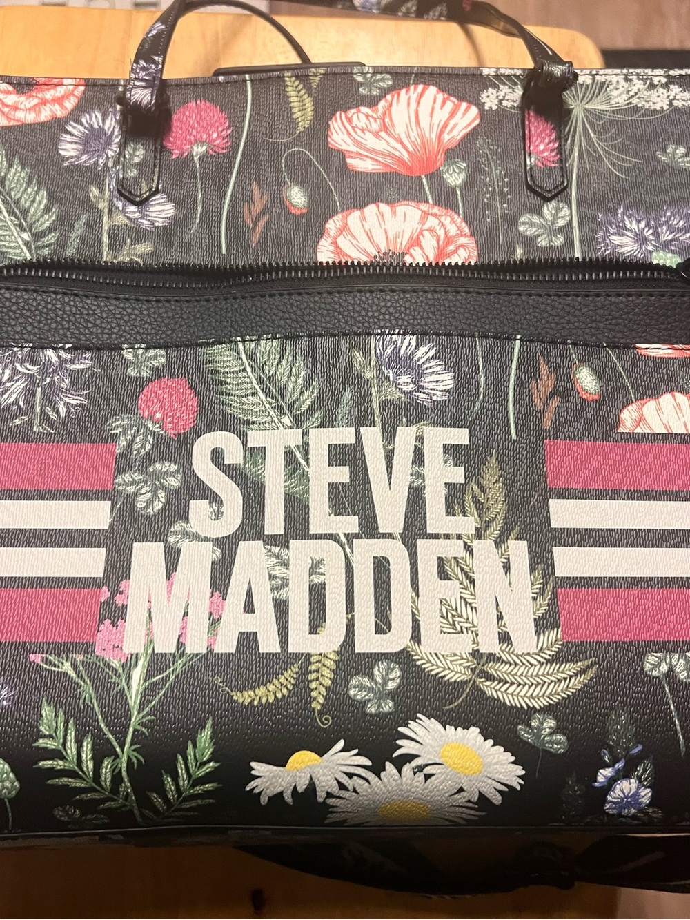 Steve Madden Black Floral Logo Tote with Pink Stripes